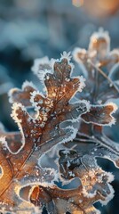 Poster - A close-up photo of a frost-covered oak leaf, illuminated by the warm light of the winter sun. The intricate patterns of frost and the delicate details of the leaf are visible, highlighting the beauty