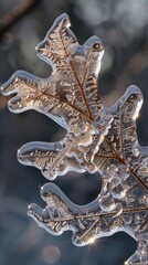 Poster - A single oak leaf is encased in clear, frozen ice, its intricate veins and texture visible through the crystal-like surface. The sunlight shines through the ice, casting a subtle glow on the frozen le