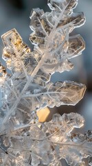 Poster - An intricate ice crystal formation, composed of several delicate, branching structures, shimmers with light in a close-up view. The crystal's intricate patterns and translucent nature are highlighted 