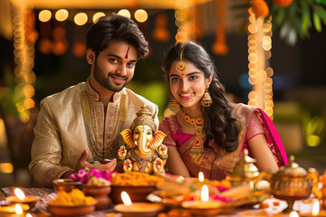 Poster - A young Indian couple in traditional attire, A golden Ganesha statue stands as their decorative center piece