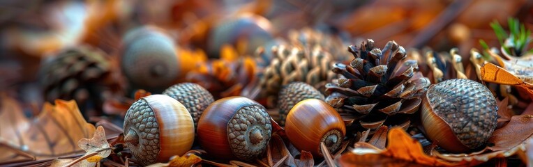 Poster - A close-up shot of a collection of acorns, pinecones, and colorful autumn leaves scattered on the ground of a forest. The image captures the beauty of nature's details during the fall season.