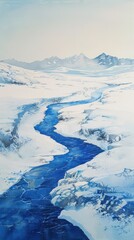 Poster - A winding river flows through a snowy mountain landscape. The river is a deep blue, and the snow is white and pristine. The mountains in the background are covered in snow and ice. The sky is a pale b