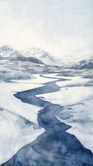 Poster - A winding blue river flows through a snow-covered mountain valley, painted in a watercolor style. The mountains in the background are covered in snow, and the sky is a light blue.