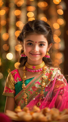 Wall Mural - attractive indian luxury beautiful cute little girl wearing ghaghra, light Bokeh background, happy expression on her face