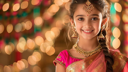 Wall Mural - attractive indian luxury beautiful cute little girl wearing ghaghra, light Bokeh background, happy expression on her face