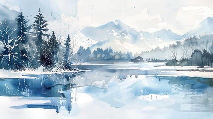 Poster - A watercolor painting of a frozen lake in a snowy forest. The lake is covered in ice and snow, and the trees are bare and covered in snow. Mountains are visible in the background.