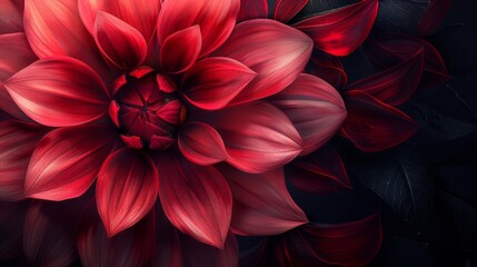  A tight shot of a red flower with leaves at its base and bottom of the petals