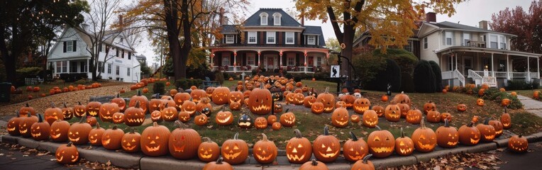 Poster - A street lined with houses is decorated for Halloween with dozens of lit pumpkins lining the sidewalk in front of homes.
