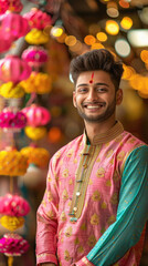 Wall Mural - Young indian man smiling in traditional attire on diwali festival