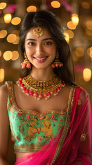 Sticker - Young beautiful woman in traditional wear lehenga choli and gold jwelery