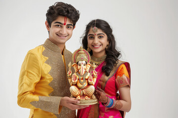 Young indian couple holding lord ganesha sculpture