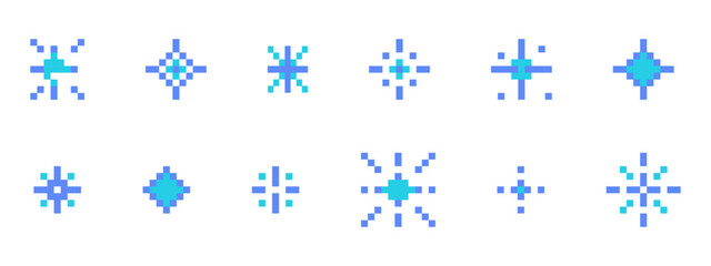 Wall Mural - pixel snowflake or star retro 8 bit sparkle set. shiny winter game pixel art effect set. firework bu