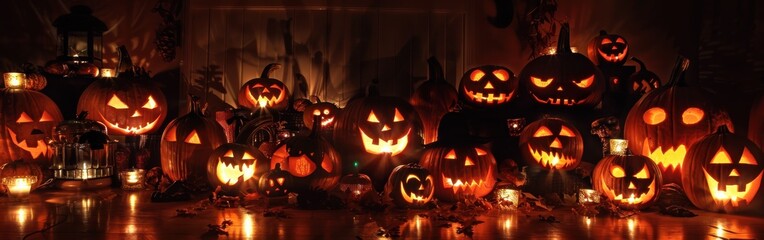 Poster - A close-up view of several jack o'lanterns, all lit with candles inside, on a wooden surface. The pumpkins are arranged in a cluster, with some slightly overlapping. The glow of the candles creates a 