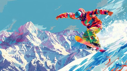 Poster - A snowboarder wearing a colorful jacket and helmet gracefully descends a snowy mountainside, leaving a trail of white powder in their wake. The vibrant landscape is painted in a colorful style, with b