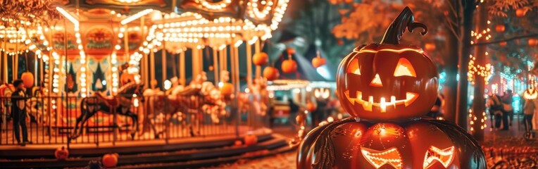 Poster - A glowing jack-o'-lantern sits in the foreground with a brightly lit carousel in the background. The carousel is decorated with lights and has horses and other figures on it. The scene is illuminated 