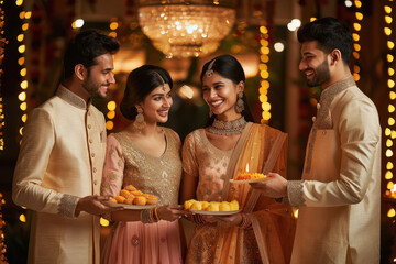 Canvas Print - indian men and women in party dress, with one indian woman holding plate of laddu food