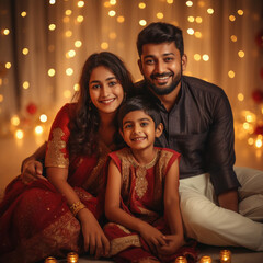 Canvas Print - indian family in traditional attire sitting together on diwali festival