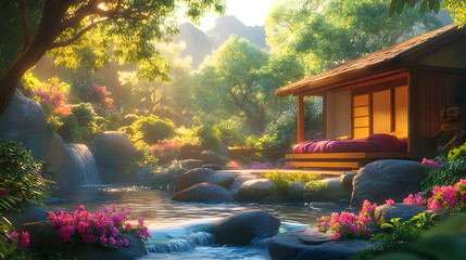 Wall Mural - Tranquil Japanese garden with a serene cabin and flowing stream.