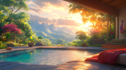 Poster - Tranquil poolside view with mountain sunset.