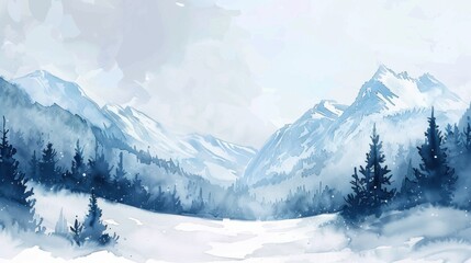 Poster - A watercolor painting depicts a snowy mountain valley, with tall, snow-capped peaks rising in the background. A thick forest of pine trees stretches across the valley floor, leading to the base of the