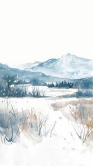 Poster - A watercolor painting depicts a snowy mountain landscape with a path leading through a field of tall grass. The foreground shows the path and grass in a muted blue and white, while the background feat