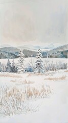 Aufkleber - A watercolor painting depicts a winter landscape with a snowy field in the foreground. A line of trees stand on the far side of the field, some covered in snow. In the background, snow-capped hills ar
