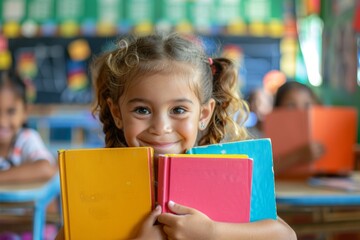 Excited child holding books ready to dive learning adventures. Intelligent young girl leaning books enjoying school environment. Confidence built exploration of educational materials.