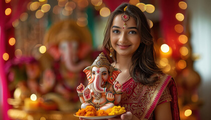 Poster - Young indian woman holding lord ganesha sculpture.