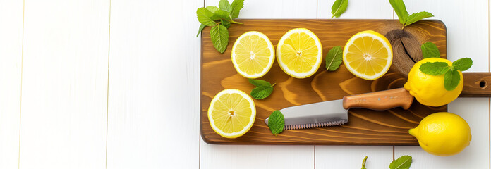 Half a yellow lemon and a knife on a wooden cutting board. AI generation.
