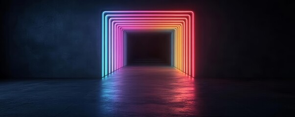 Futuristic tunnel with rainbow neon lights, dark background, AI-generated, glowing colors, high contrast