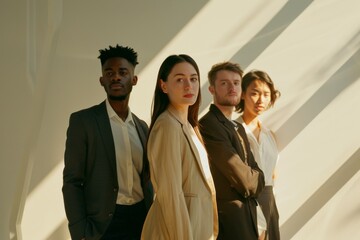 Four young professionals in stylish attire stand confidently against a backdrop of soft lighting and shadows, embodying a modern, diverse team united in purpose.