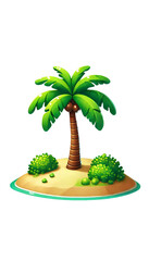 A digital illustration of a cartoon-style palm tree on a small sandy island on a transparent background. The tree is a tall, slender trunk with detailed