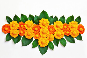 Sticker - marigold flowers and mango leaves rangoli designs on white background