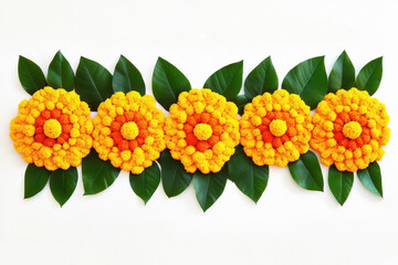 Sticker - marigold flowers and mango leaves rangoli designs on white background