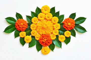 Sticker - marigold flowers and mango leaves rangoli designs on white background