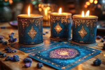 Three lit candlesticks illuminating tarot cards during a spiritual practice