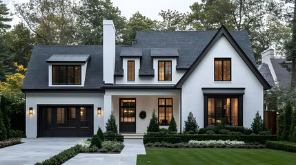 Poster - White Brick House with Black Trim and Windows - Photo