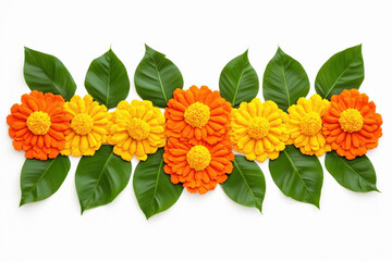 Sticker - marigold flowers and mango leaves rangoli designs on white background