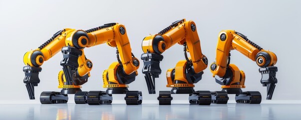 Poster - Three yellow robotic arms in a row for industrial automation and manufacturing