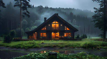 Sticker - Cozy Cabin in the Foggy Forest - Realistic Image