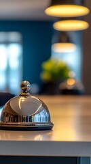 Wall Mural - Close-up of a hotel reception bell on the desk, with a blurry background