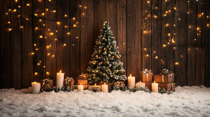 Rustic Christmas-Themed Photography Backdrop with Wooden Planks, Illuminated Tree, Candles, and Gift Boxes Set Against Soft White Snow, Creating a Cozy Holiday Atmosphere