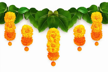 Poster - marigold flowers and mango leaves toran design door hanging