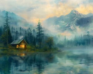 Wall Mural - Peaceful Lakeside Cabin at Dawn with Misty Forest and Mountainous Landscape in Oil Painting Style