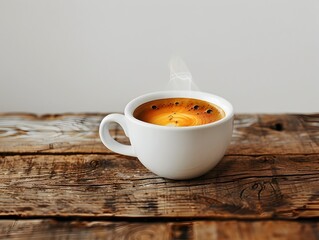 Canvas Print - Freshly Brewed Espresso on Rustic Wooden Table with Aromatic Steam and Copy Space