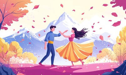 Wall Mural - The prince and snow white walking in nature is illustrated in this illustration