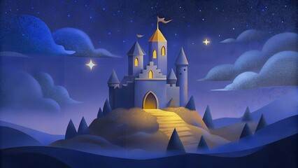 Wall Mural - a castle on top of a hill in the night sky grainy background