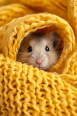 Poster - A hamster peeking out from under a yellow blanket