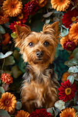 Canvas Print - A small dog sitting in a field of flowers