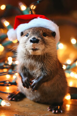 Poster - A small otter wearing a santa hat sitting on top of a wooden table